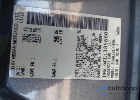 2018 Nissan Altima 2.5 Sv z USA, uszkodzony, nr VIN 1N4AL3AP1JC185660